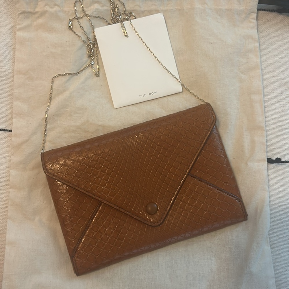 The Row Textured Tan Clutch with Gold Chain